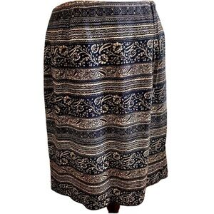 Vintage 90s Chaus Skirt Black and Tan Floral Bands Print Faux Wrap Lined size 16